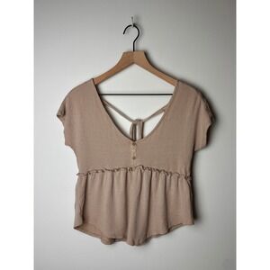 Atelier by‎ Kirious Tan Waffle Knit Peplum Top Tie Back V Neck Blouse Small